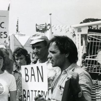 Peter Roberts campaigning for farm animal welfare