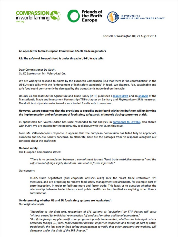 Letter To Cssr De Gucht - Safety Of Europe Food Is Under Threat