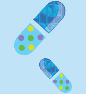 Drawing of antibiotics pills with photographs of intensively farmed animals inside