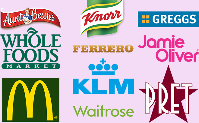 Major food company logos including McDonald's, Pret, Knorr, and Waitrose
