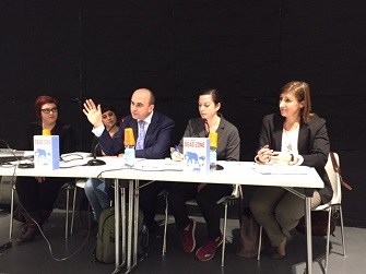 DZ Italy Launch - L to r - Adelina Zarlenga (journalist) Monica Pelliccia (journalist) Philip Franca Roiatti (the last on the right).jpg