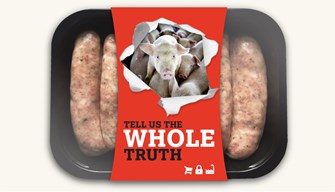 Pack of sausages with mock cruelty truth label