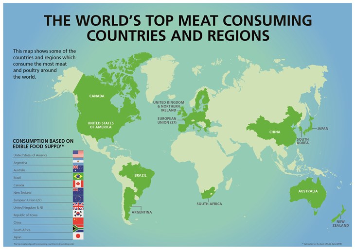 Map showing the countries which consume the most meat and dairy