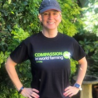 Jo Bell wearing a Compassion t-shirt
